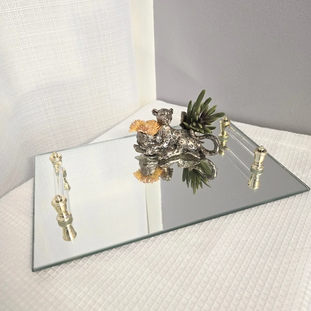 Vtg Mirrored Vanity Dresser Tray Lucite/Glass Handled Gold Accent Retro Bathroom